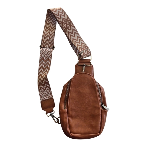 Sling Bag Brown Crossbody Pockets Credit Card Holder Zippers Faux Leather Lined - Picture 1 of 15